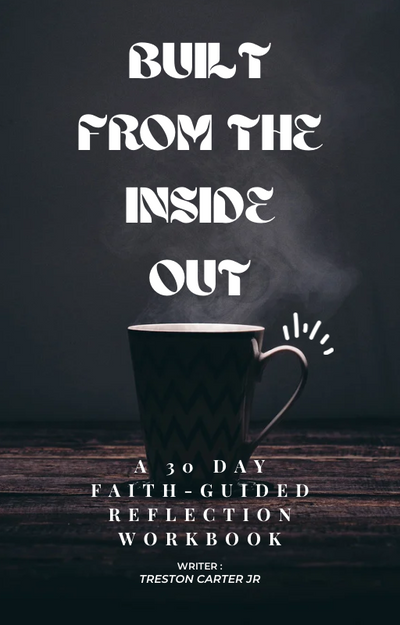 Book cover with a steaming mug on a dark background and text about a 30-day reflection workbook.