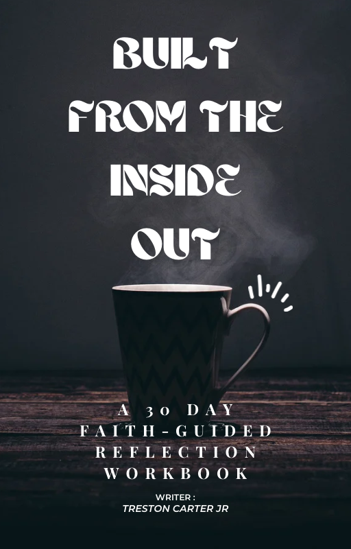Book cover with a steaming mug on a dark background and text about a 30-day reflection workbook.