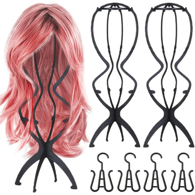 Adjustable Wig Stand with Hooks, 19.5 Inch - Travel Friendly Set (Black, 2 Stands+4 Hooks)