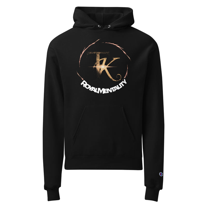 Black hoodie with gold TK monogram and Royal Mentality front graphic.